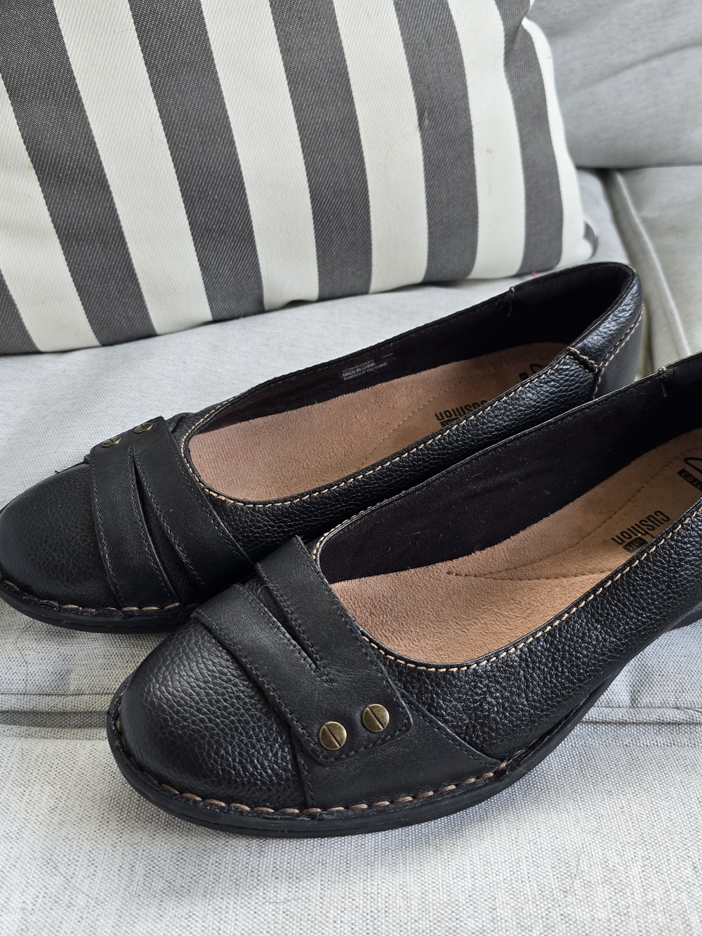 Clarks Black Leather Slip-On Loafers with Stud Accents